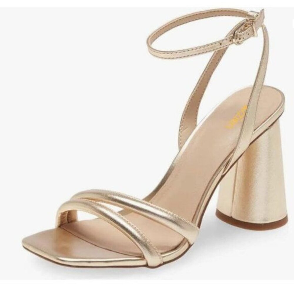Pazzion Gold Squared Open Toe High Heel Crossed Ankle Strap Buckles Sandals